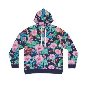 Tropical Floral All-Over Print Hoodie, Pink Flowers & Green Leaves on Navy for a Florida Vacation Vibe