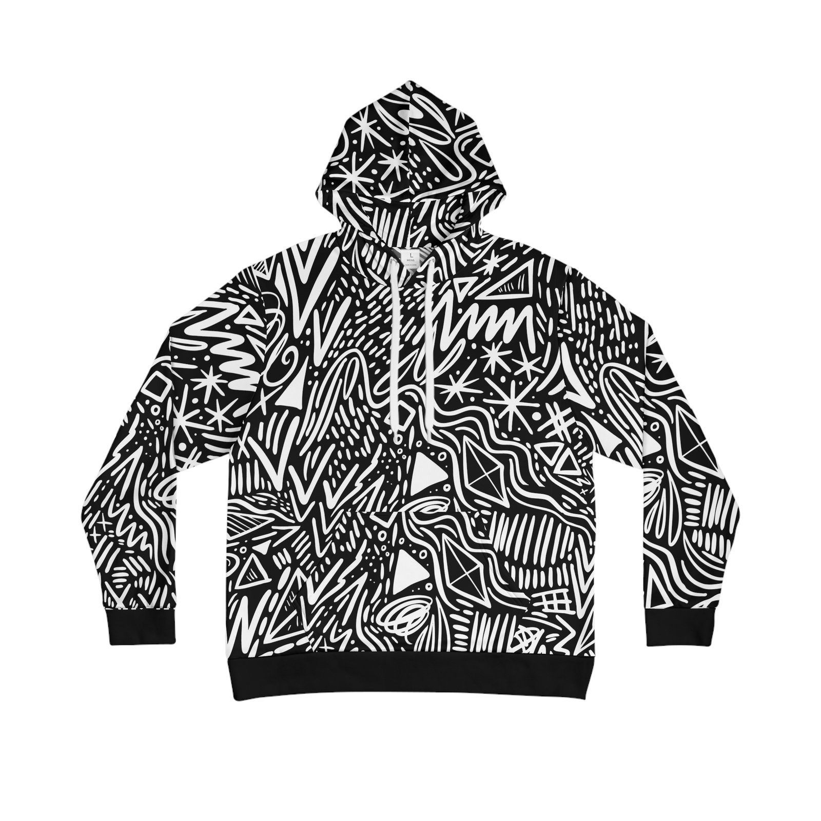 Abstract Black & White Doodle Hoodie, Minimalist Graffiti Streetwear for Unisex Style