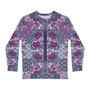Vintage Indigo Floral Patchwork Men's Long Sleeve Shirt, Casual Wear, Stylish Everyday Outfits, Gift for Him
