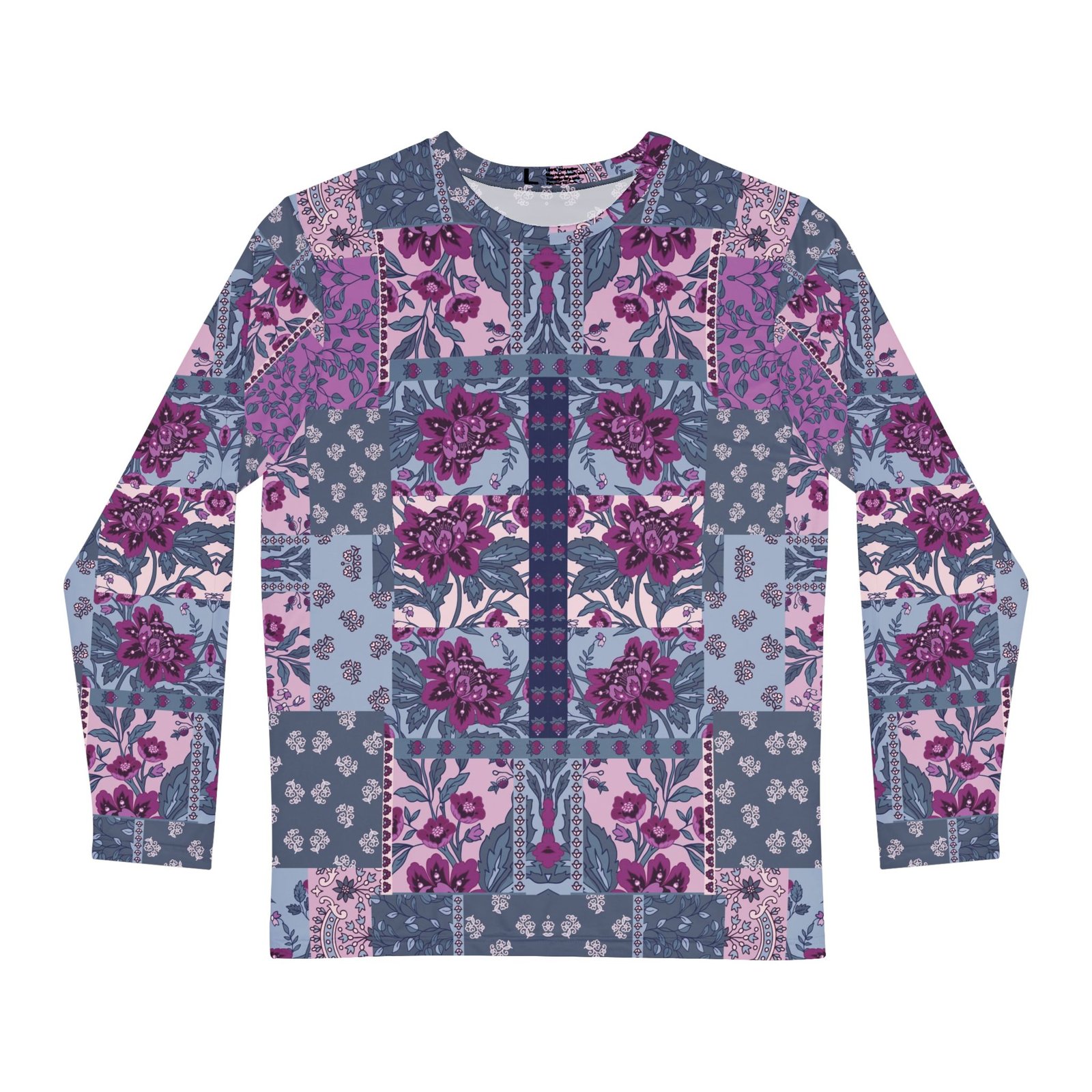 Vintage Indigo Floral Patchwork Men's Long Sleeve Shirt, Casual Wear, Stylish Everyday Outfits, Gift for Him