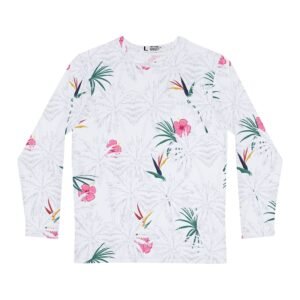 White Tropical Floral Men’s Long Sleeve Shirt Bird of Paradise & Hibiscus Print