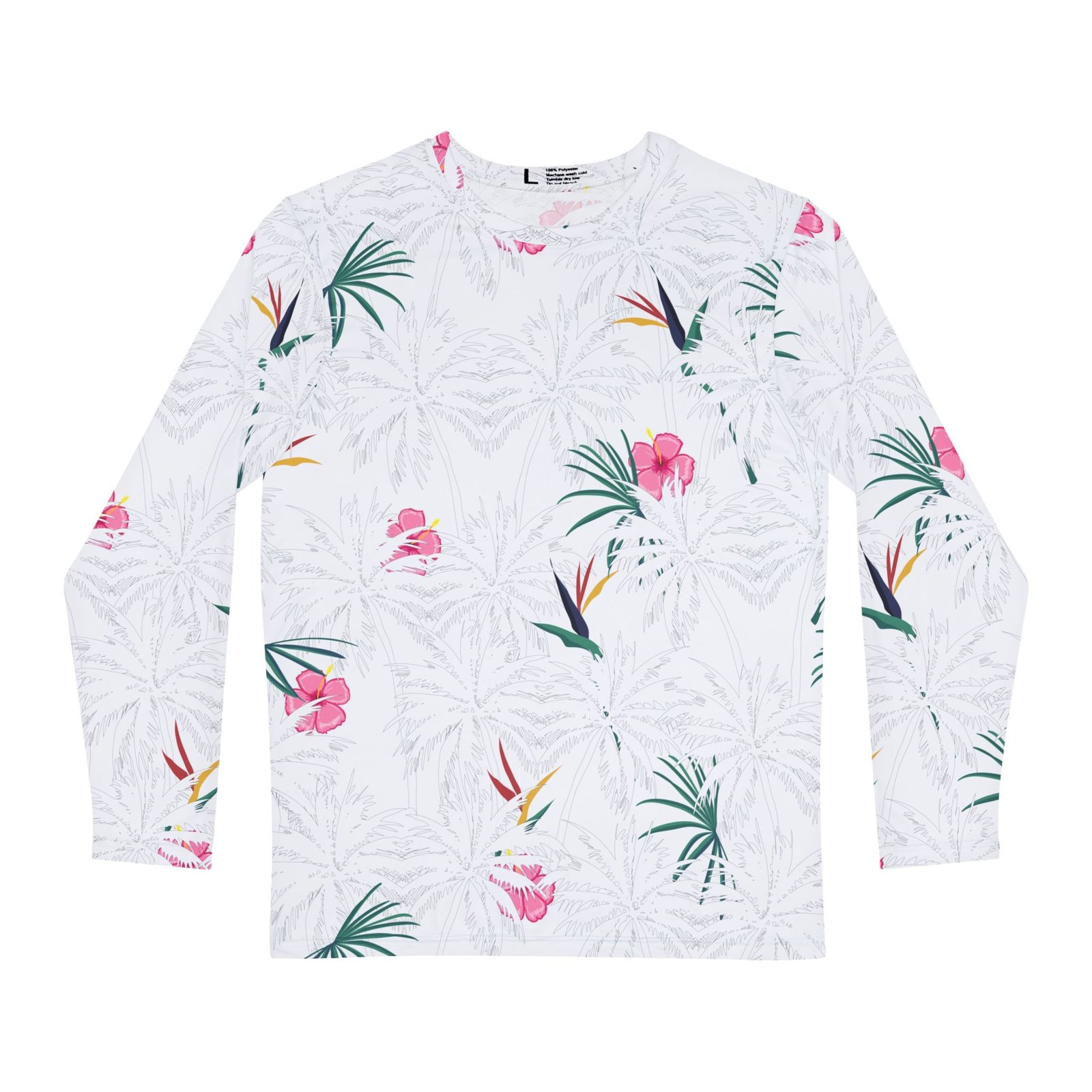 White Tropical Floral Men’s Long Sleeve Shirt Bird of Paradise & Hibiscus Print