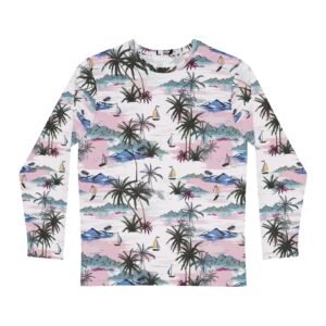 Tropical Palm Tree & Sailboat Print Men’s Long Sleeve Shirt Sunset Beach Vibes