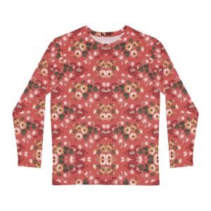 Retro Red Floral Long Sleeve Shirt, Vintage Blurred Flower Print Tee, Soft Aesthetic Shirt for Men
