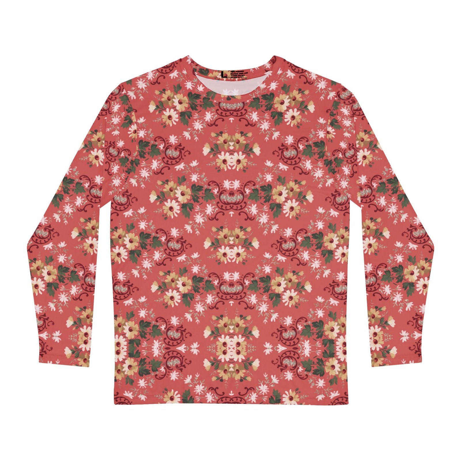Retro Red Floral Long Sleeve Shirt, Vintage Blurred Flower Print Tee, Soft Aesthetic Shirt for Men