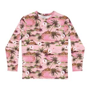 Tropical Palm Tree Long Sleeve Shirt, Pink Hawaiian Beach Print Tee, Island Sunset Shirt for Men