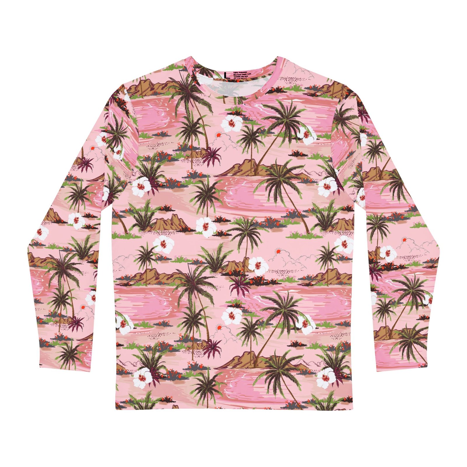 Tropical Palm Tree Long Sleeve Shirt, Pink Hawaiian Beach Print Tee, Island Sunset Shirt for Men