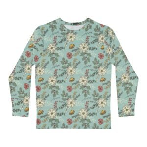 Vintage Floral Long Sleeve Shirt, Soft Blue All-Over Print Tee, Retro Botanical Pattern Crewneck for Men