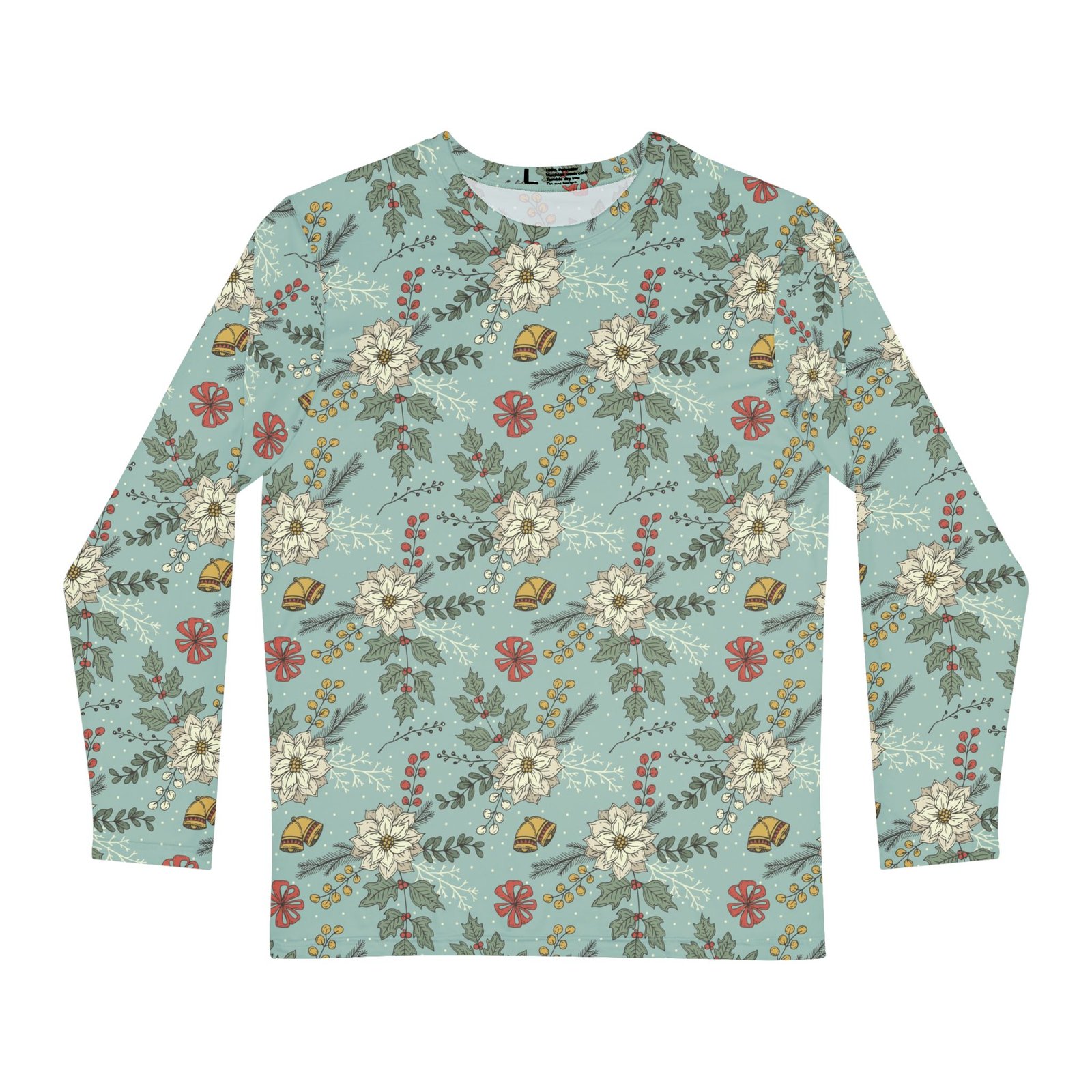 Vintage Floral Long Sleeve Shirt, Soft Blue All-Over Print Tee, Retro Botanical Pattern Crewneck for Men