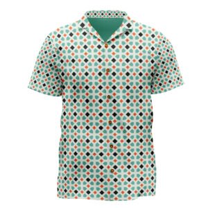 Retro Geometric Print Men’s Cuban Collar Shirt, Mint Green & Orange Pattern