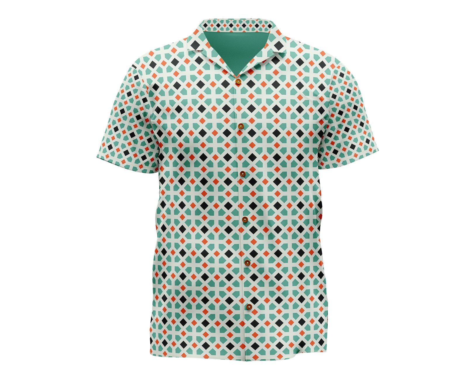 Retro Geometric Print Men’s Cuban Collar Shirt, Mint Green & Orange Pattern