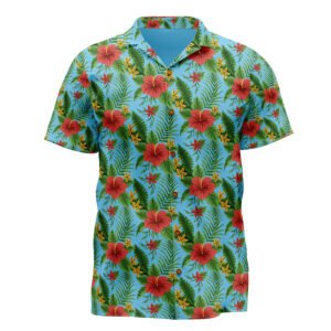 Blue Aloha Shirt with Red Hibiscus, Summer Beach Floral Button-Up, Vacation Party Shirt for Men