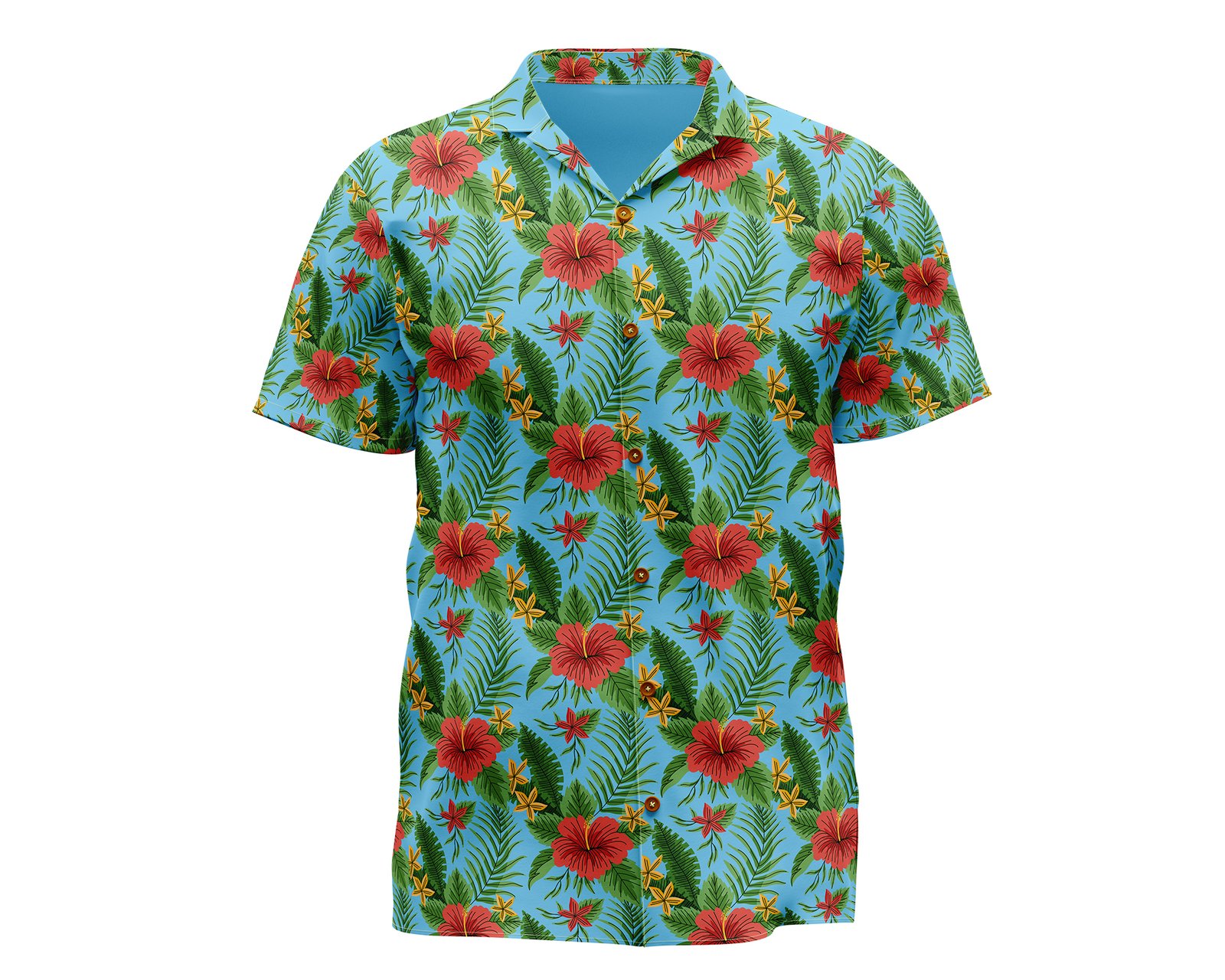 Blue Aloha Shirt with Red Hibiscus, Summer Beach Floral Button-Up, Vacation Party Shirt for Men