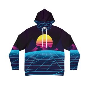 Retro Sunset Hoodie, Vaporwave Aesthetic Hoodie, 80s Synthwave Grid Pullover, Neon Cyberpunk Hoodie for Men & Women