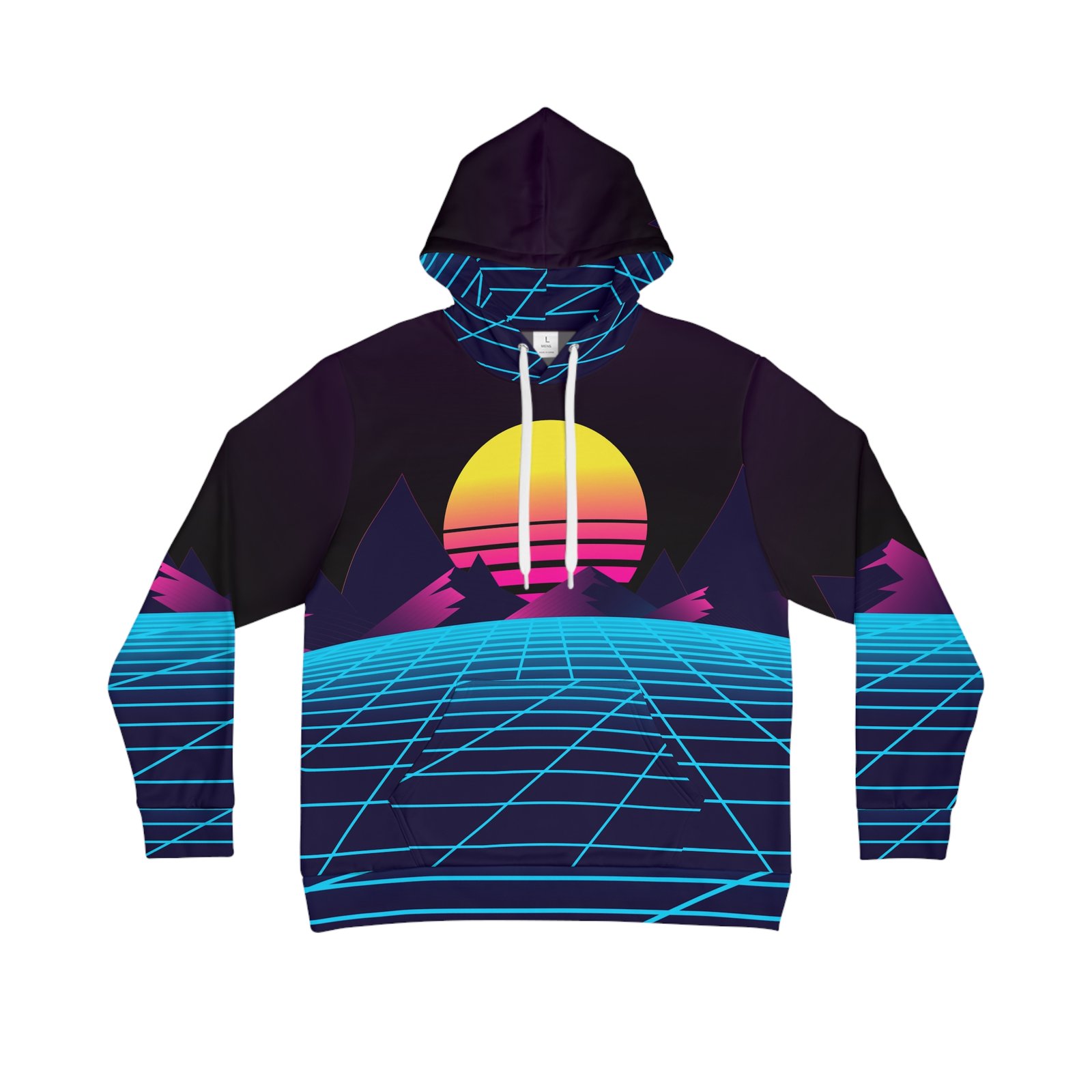 Retro Sunset Hoodie, Vaporwave Aesthetic Hoodie, 80s Synthwave Grid Pullover, Neon Cyberpunk Hoodie for Men & Women